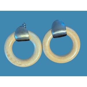 Vintage Brown Wood Ring Donut Brass Boho Dangle Hoop Pierced Earrings 1.5 Inch